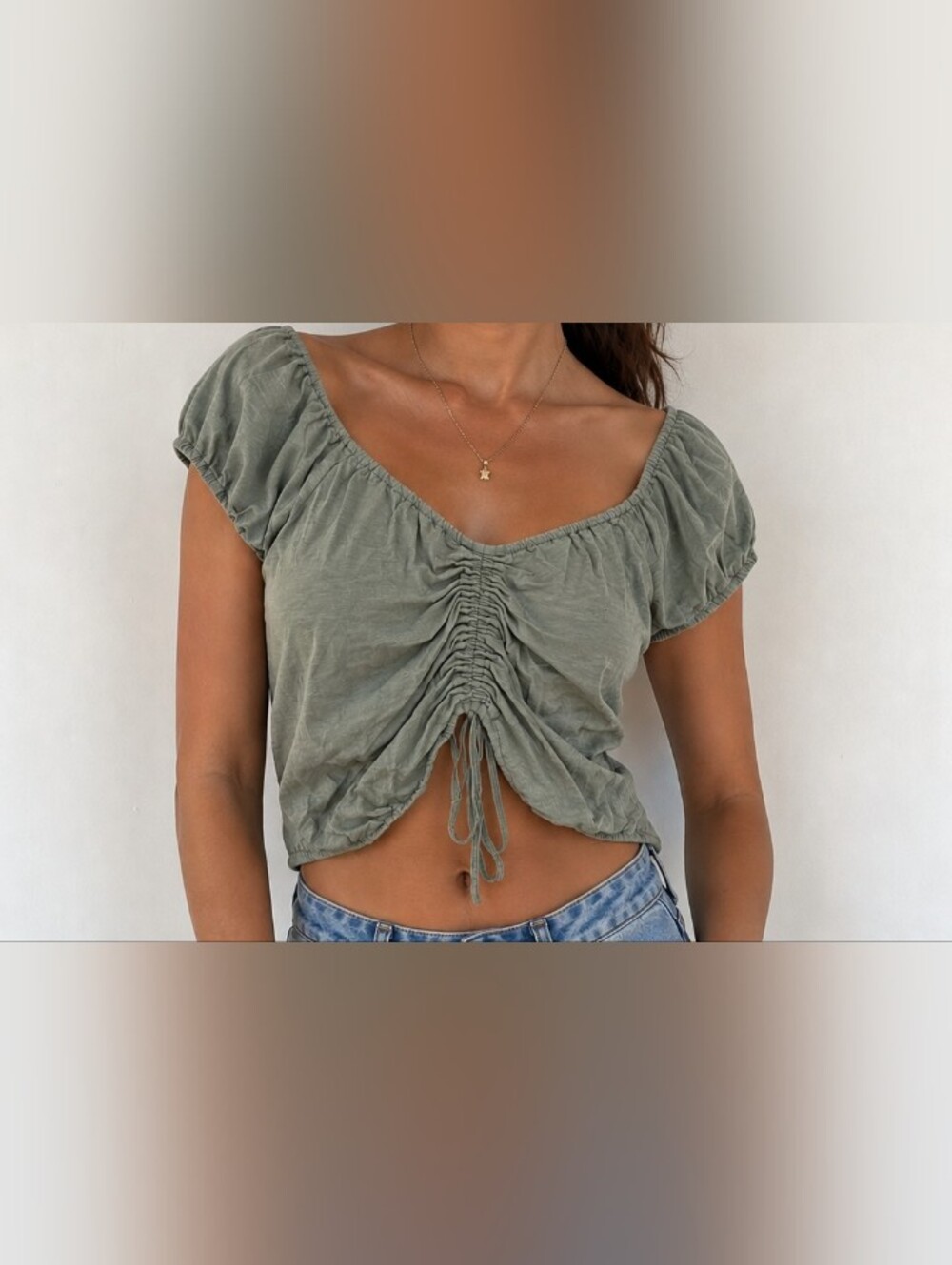 Ruched Front Short Sleeve Crop Top - Olive Green